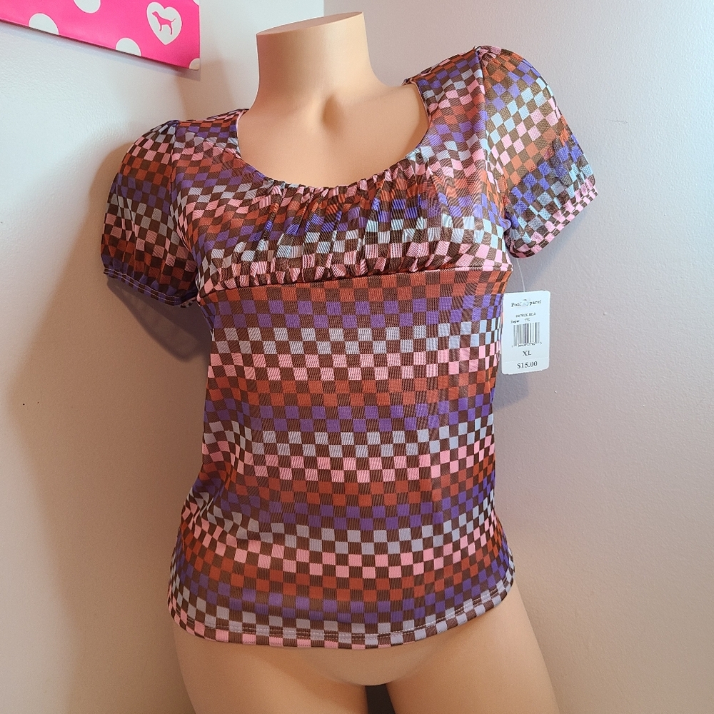 Poof Couture Colorful Checkered Short Sleeve Mesh Top Juniors XL